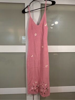 Cider Pink Knit Midi Slip Dress with Floral Embroidery Gives Doen/Sezane vibes